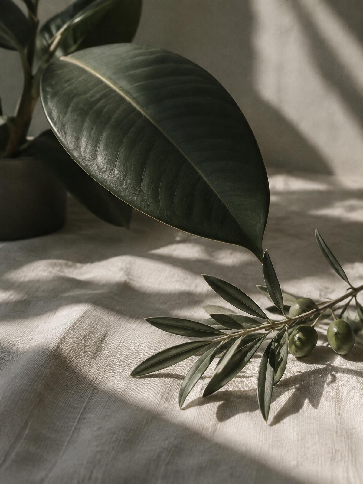 Olijftak en blad in warm daglicht op linnen — de natuurlijke huisstijl van RALYN